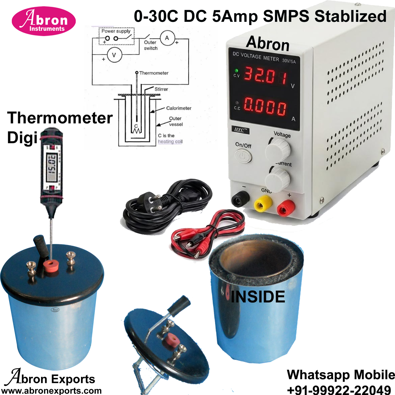 Joules Mechenical Equivalent Of Heat Copper Vessel Insulation Stirrer Heater Digital Thermometer 0-30V 5A Power Supply Digital Volt Ammeter Accurate Setup Abron AP-2362KDP 